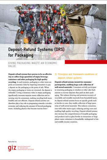 Titelblatt vom Bericht "Deposit-Refund Systems (DRS) for Packaging" aus der "Circular Economy Briefing Series" der GIZ